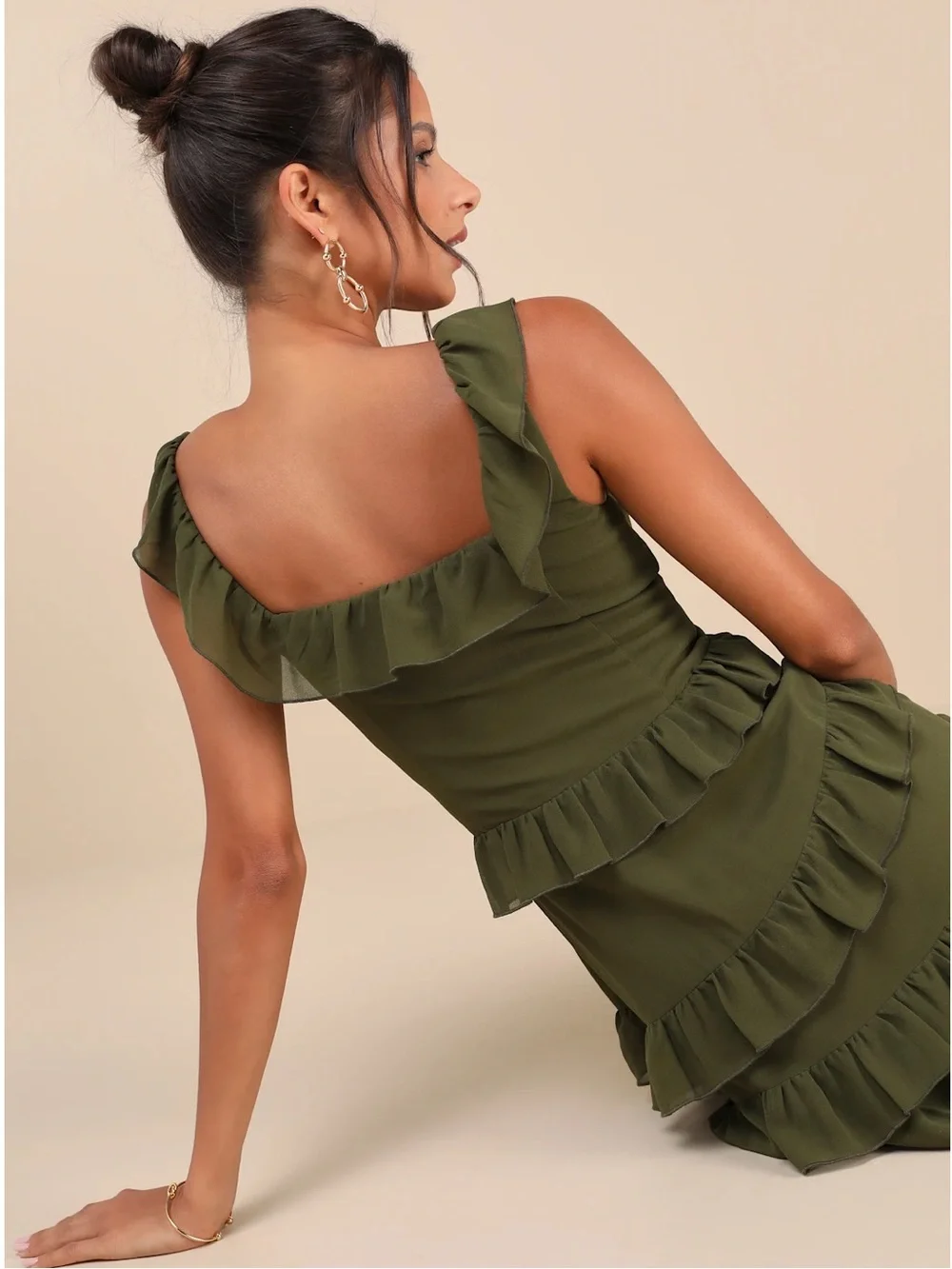 NWT Lulu’s Compelling Romantic Olive Green Ruffled Tiered Maxi Dress XL Chic
